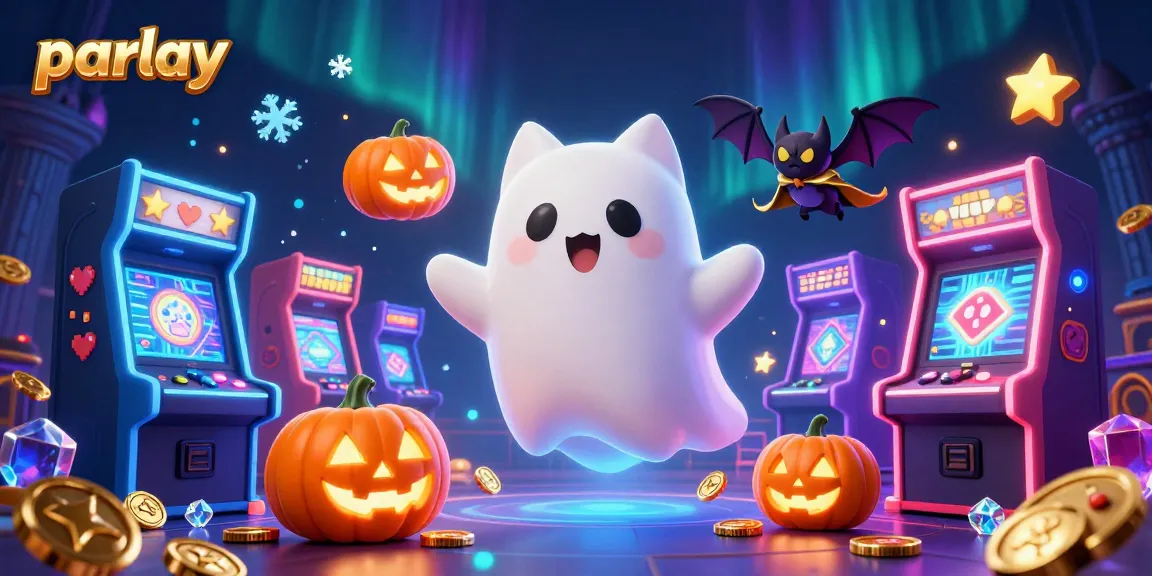 Parlay betting scene with a ghost cat, glowing jack-o-lanterns, and arcade game machines.