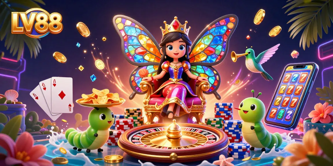 Experience the vibrant thrills at LV88 with a butterfly queen in a dazzling casino setting.