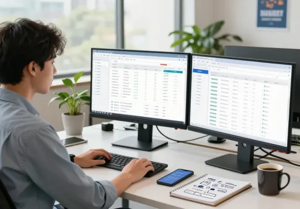 Professional workspace illustrating SEO backlink services strategy with analytics and creative tools