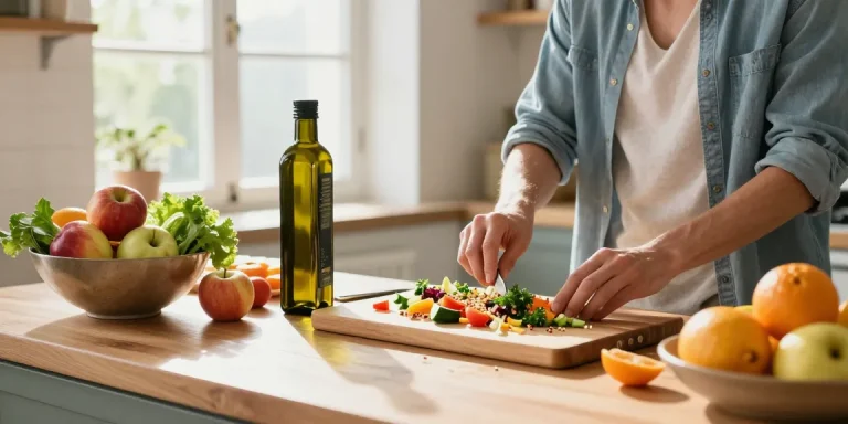 Home cook creating a vibrant salad highlighting the best food tracker ingredients, inspired by fresh vegetables and herbs