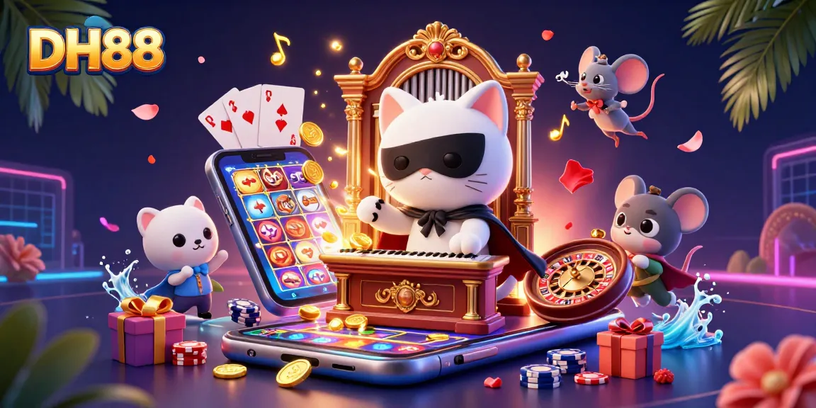 Experience thrilling slot gameplay with DH88 while following the captivating phantom cat and mouse in a dynamic casino illustration.
