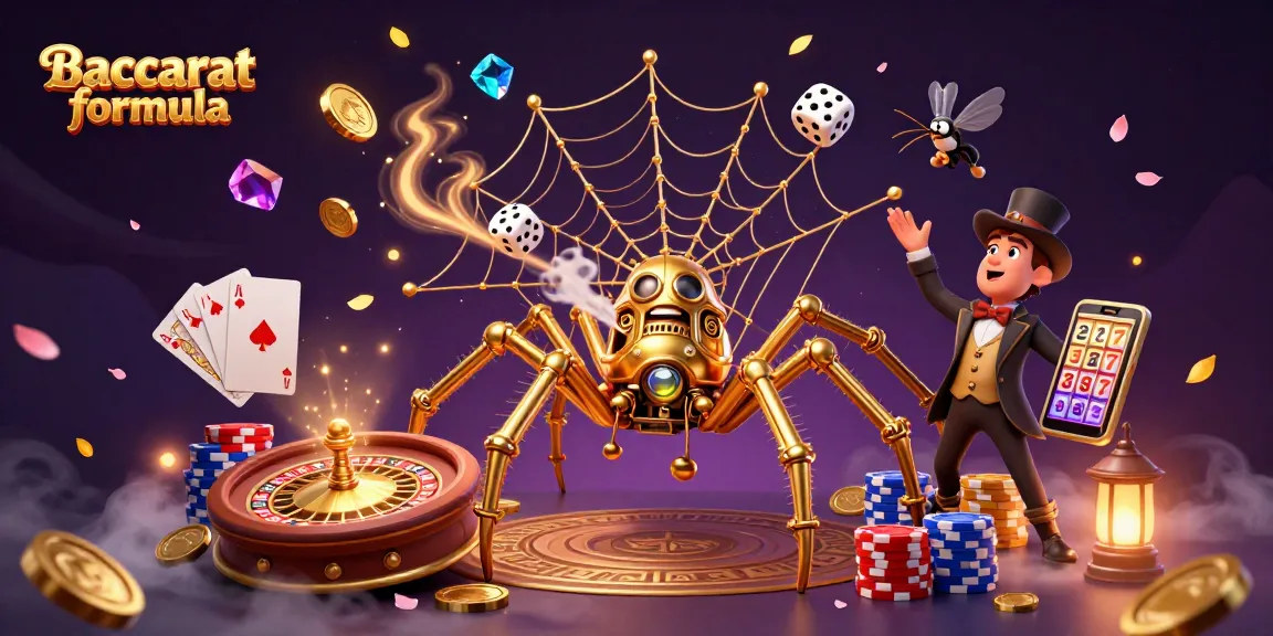 Baccarat formula illustration showing a steampunk spider in a web of poker chips and golden coins