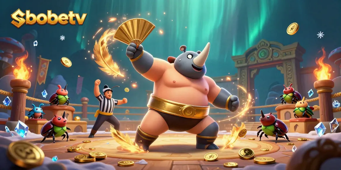 Experience the excitement of sbobetv with a dynamic scene showcasing gambling-themed characters and rich visuals.