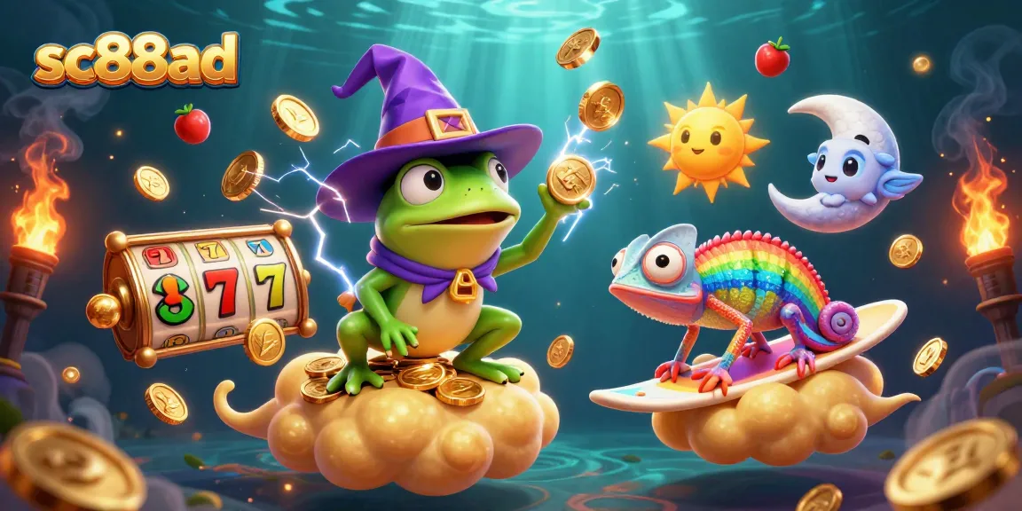 Experience the excitement of sc88ad with a thrilling jackpot scene featuring a wizard frog and chameleon on gold clouds.