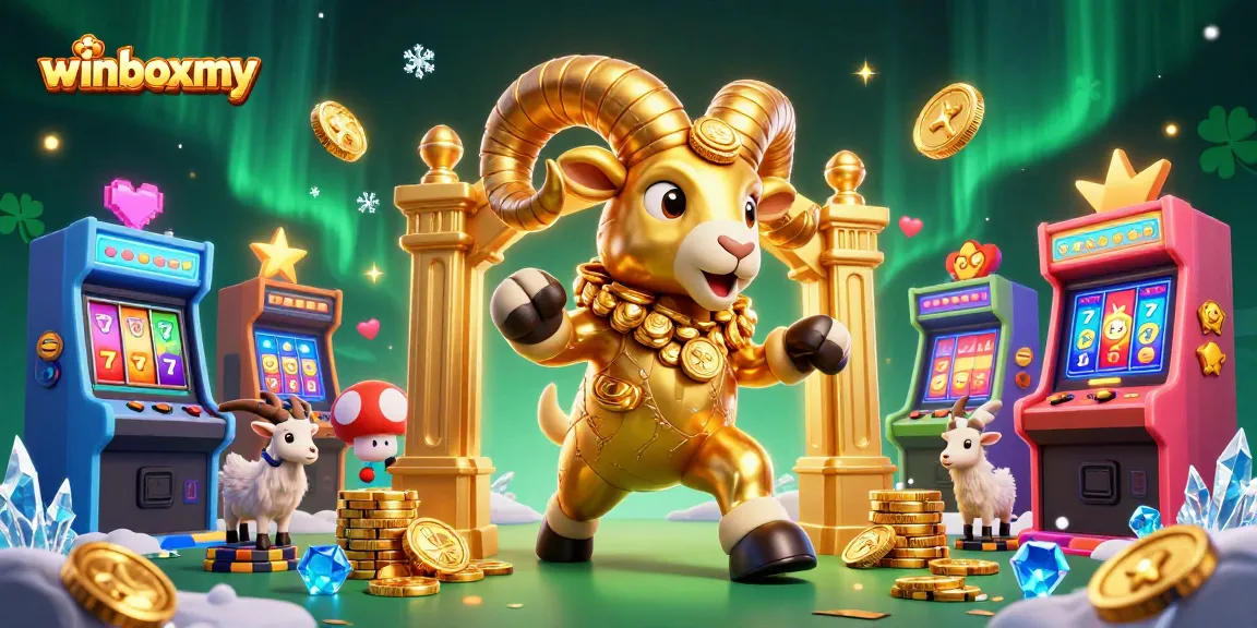 Join the excitement at winboxmy with a golden ram charging towards a jackpot, surrounded by vibrant arcade elements.