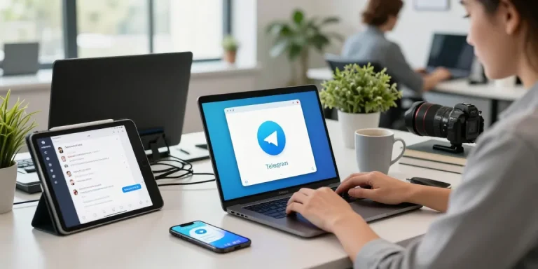 User engaging with telegram中文版下载 in a modern office setup.