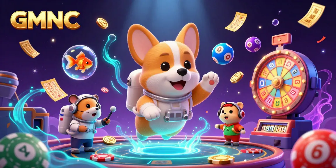 GMNC illustration of a floating corgi astronaut in a casino, surrounded by vibrant lottery balls, poker chips, and engaging game elements.