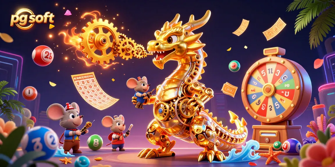 Engage with pg soft's vibrant gaming scene featuring a golden dragon, colorful lottery elements, and dynamic prizes.
