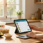 Nutritionist analyzing best food tracker app while preparing healthy meal with fresh ingredients in sunlit kitchen.