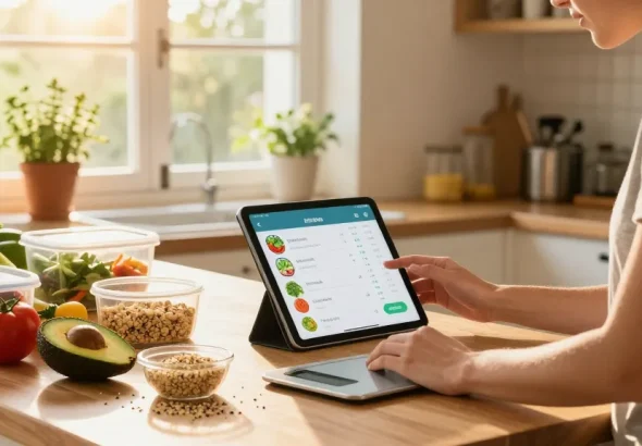 Nutritionist analyzing best food tracker app while preparing healthy meal with fresh ingredients in sunlit kitchen.