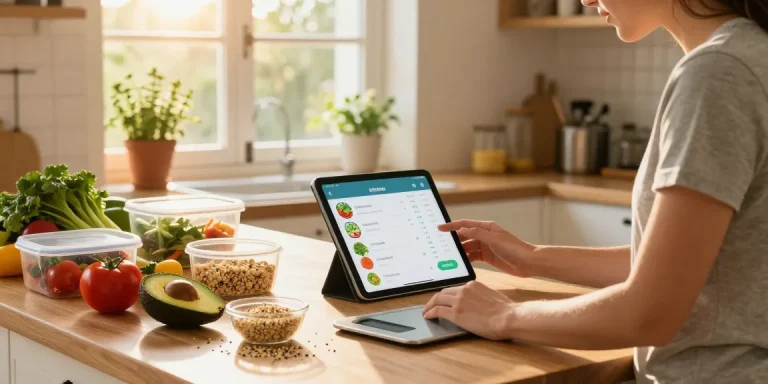 Nutritionist analyzing best food tracker app while preparing healthy meal with fresh ingredients in sunlit kitchen.